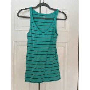 GAP Tank Top Womens Size M Teal Green Black Striped Ribbed Stretch V-Neck